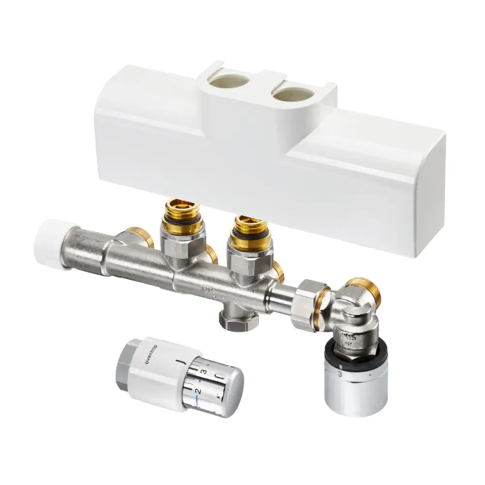 Oventrop Heizkörperanschluss-Set mit Multiblock T-RTL und Uni SH-Thermostat, bestehend aus Verbindungsarmatur und Designabdeckung in weiß und Chrom.